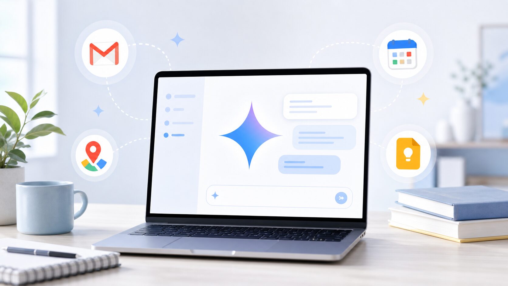 ノートPCでGeminiを開き、GmailやカレンダーなどGoogleサービスとの連携イメージを確認しているアイキャッチ画像