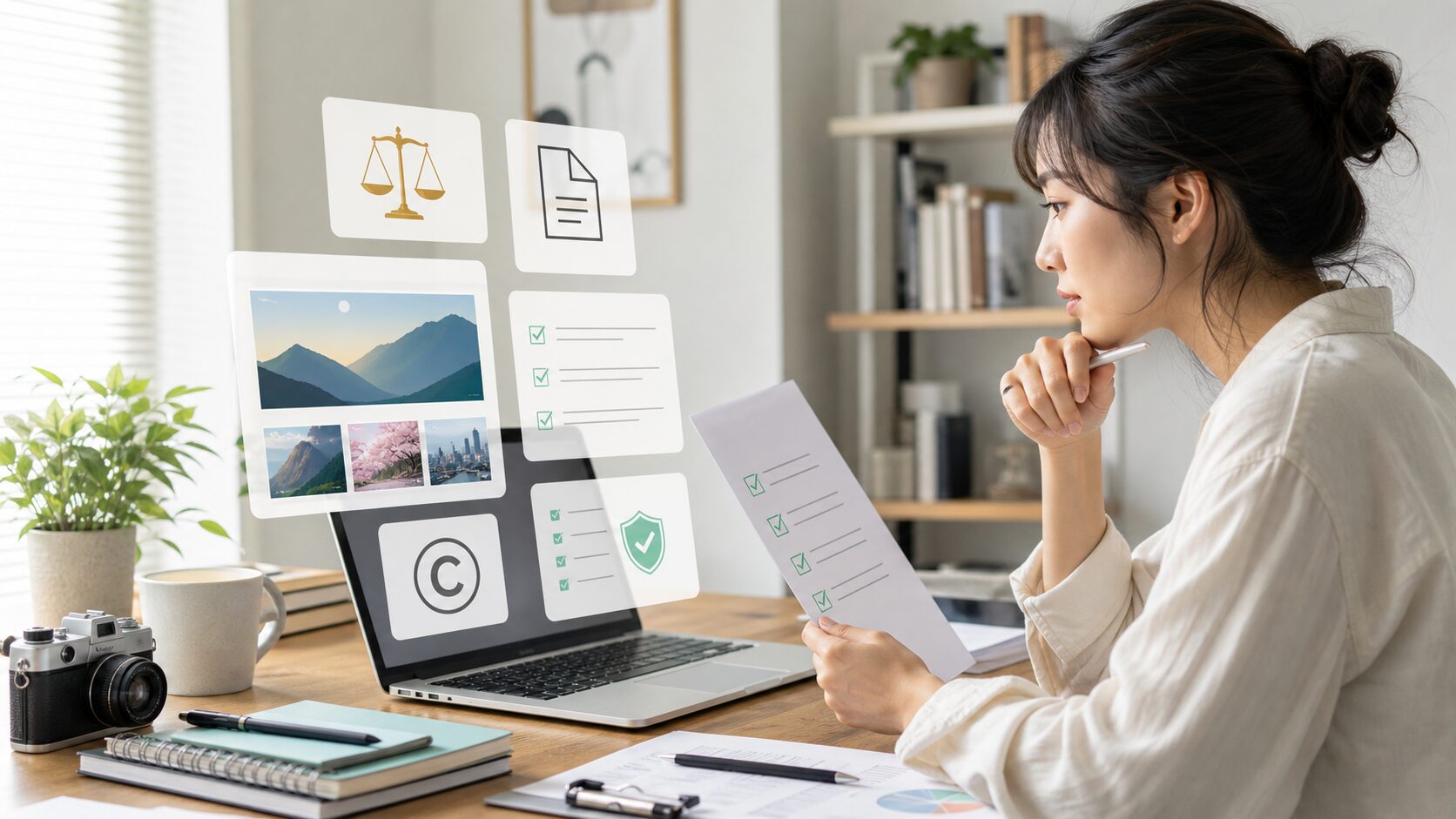 ノートPCで画像生成AIの利用規約と著作権チェック項目を見比べながら公開前確認をしているイメージ