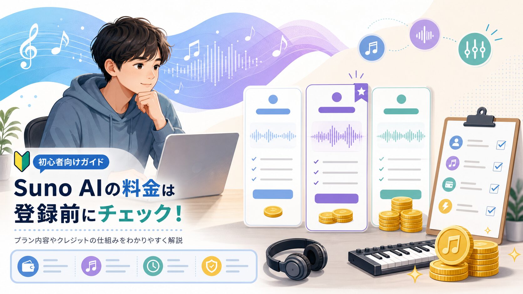 Sunoの料金プランとクレジットを登録前に確認する初心者クリエイターのイメージ