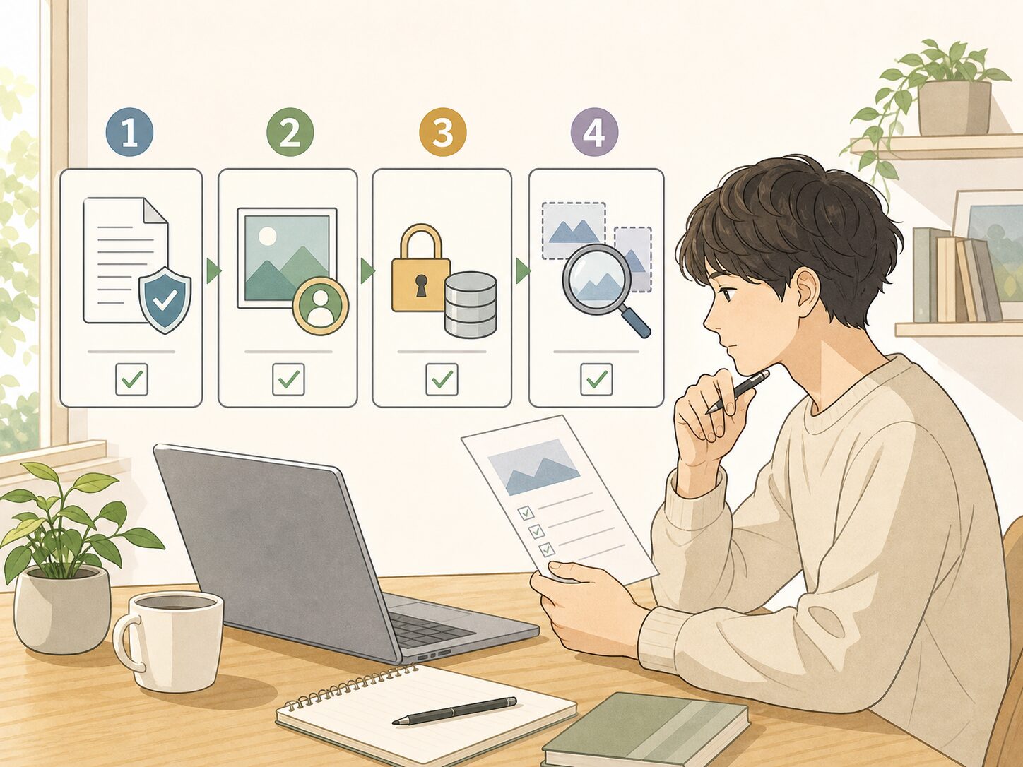 画像生成AIの公開前に規約、権利、入力データ、似すぎ問題の4点を順番に確認しているチェックリストのイメージ