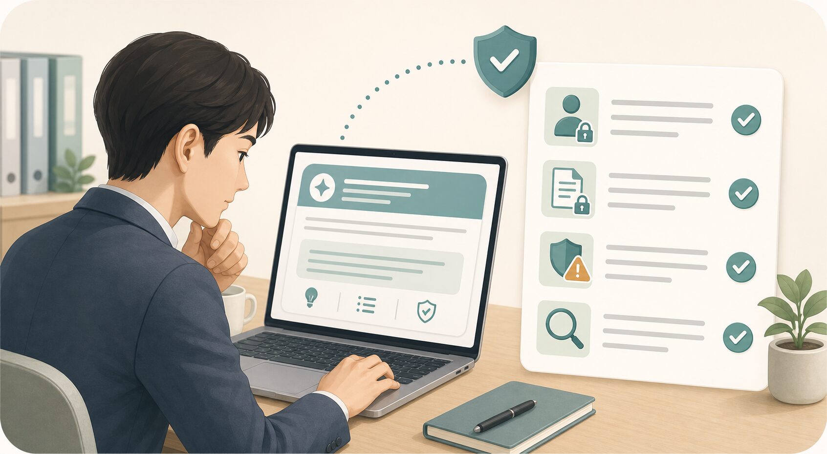 仕事利用の前に個人情報や社外秘の入力可否をチェックしている安全確認のイメージ