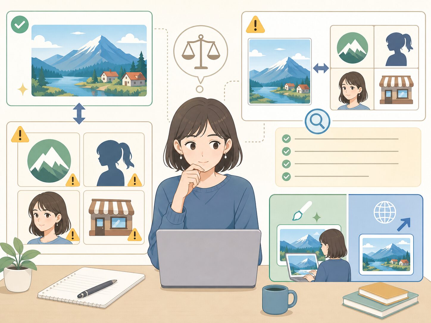 公開前にロゴ、キャラクター、人物、ブランド要素への似すぎを人の目で見直しているイメージ