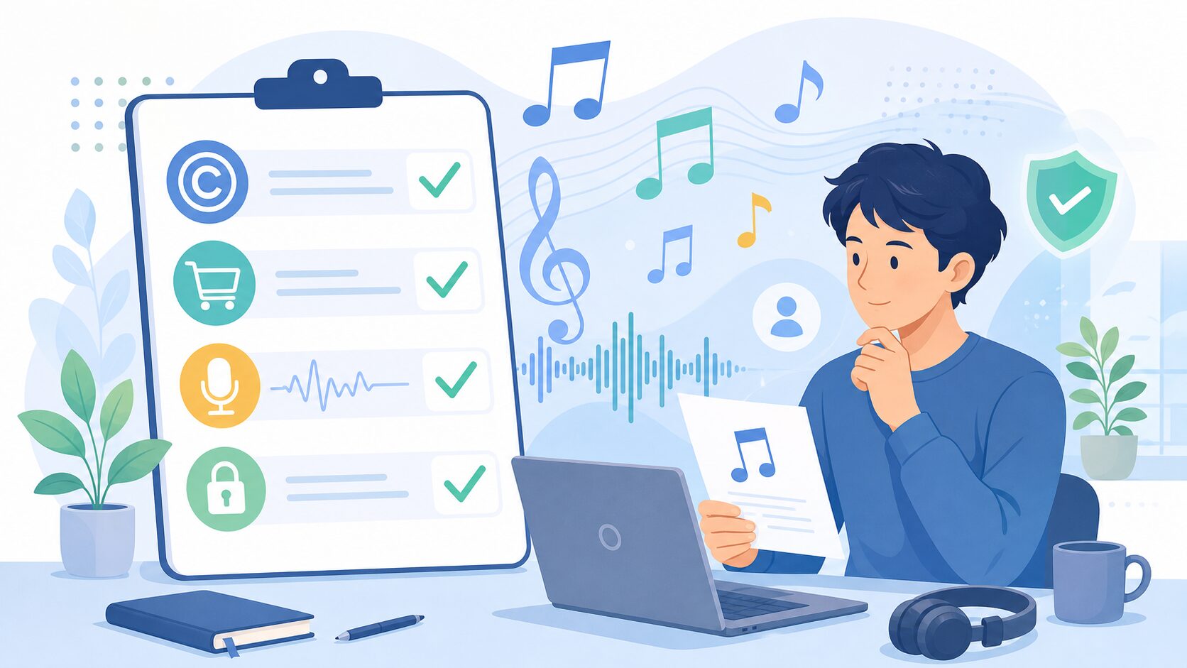 AI生成音楽を公開する前に商用利用、著作権、声の同意、プライバシーを確認しているイメージ