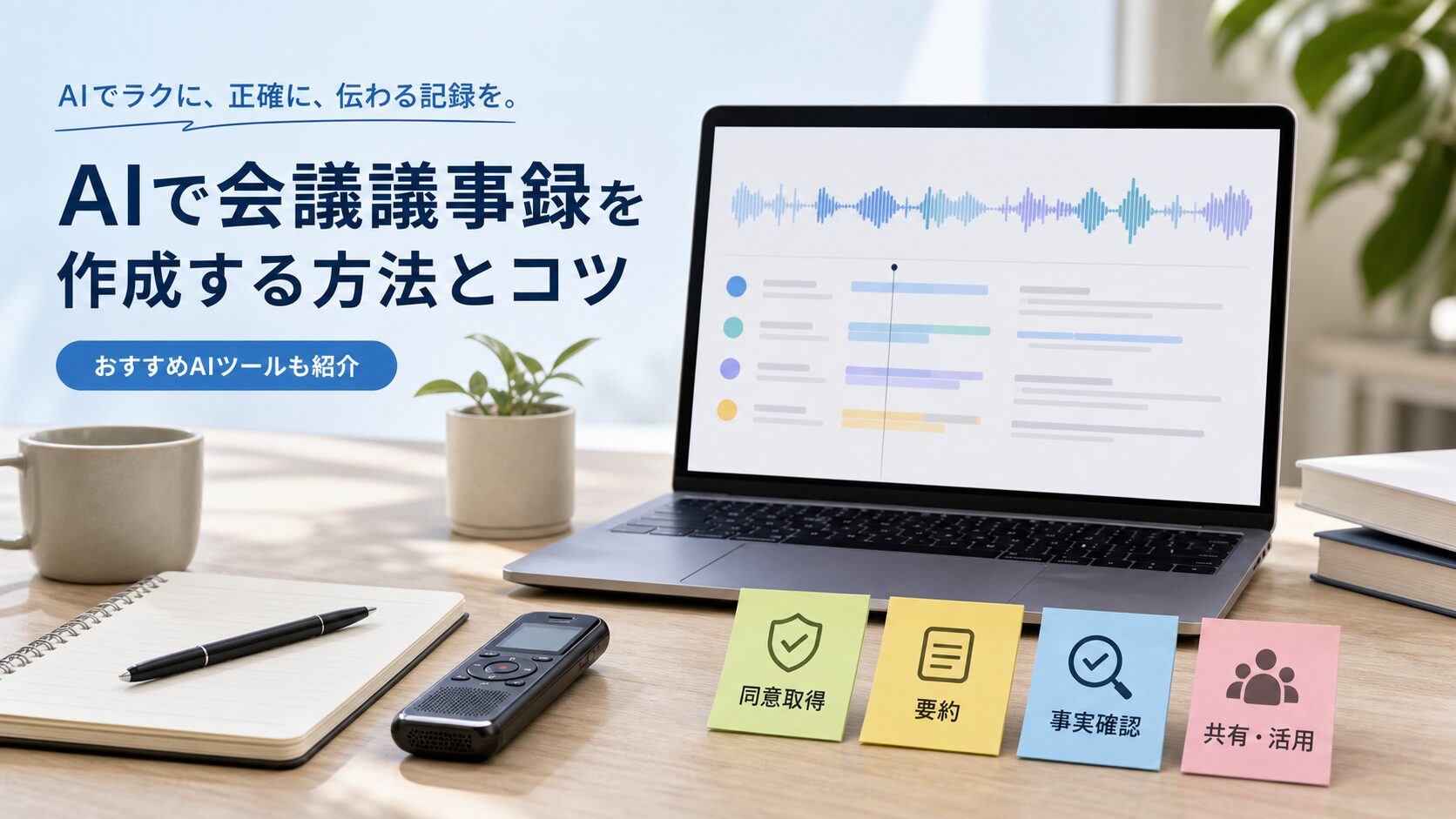 AIで会議の録音を文字起こしし、要約と事実確認を経て議事録を作る作業机のイメージ