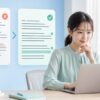 AIで文章を校正する前後の文書とプライバシー保護を確認する会社員