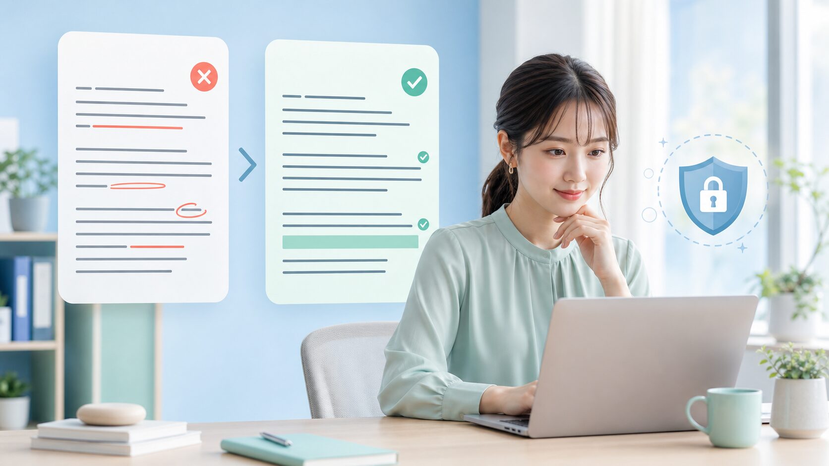 AIで文章を校正する前後の文書とプライバシー保護を確認する会社員