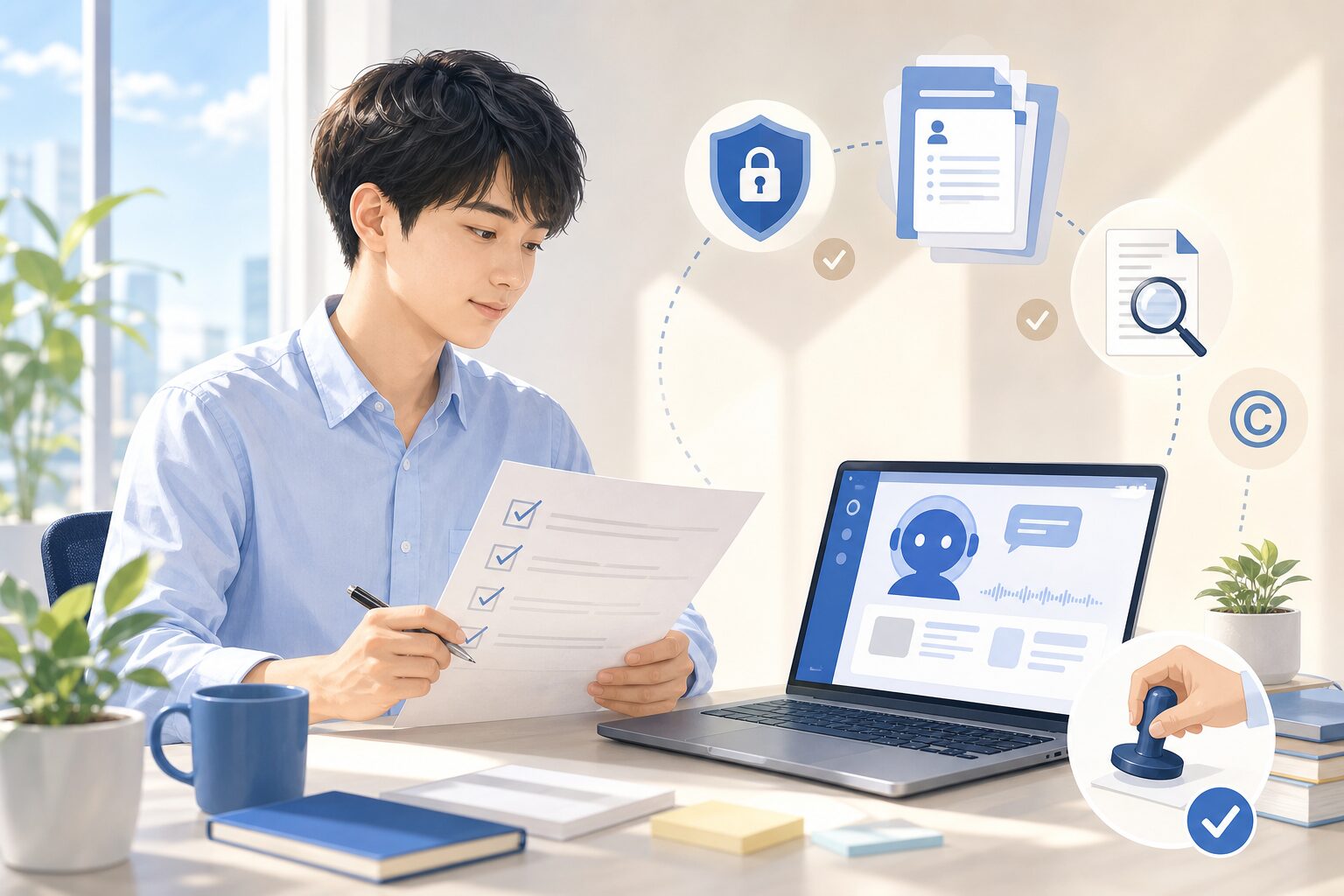 仕事で生成AIを使う前にチェックリストを確認する若手会社員