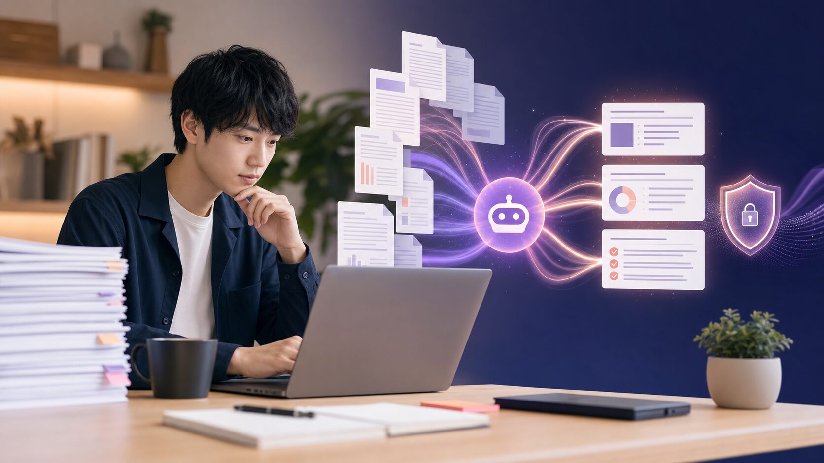 長いPDF資料をAIで要約しながらプライバシーと内容を確認する若手会社員