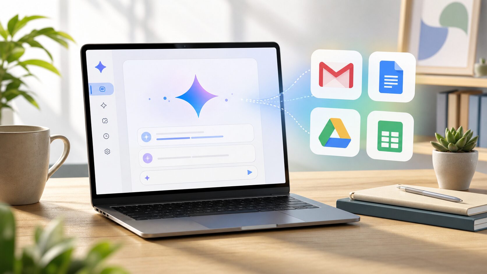 GeminiとGmailやGoogleドキュメントなどの連携を初心者向けに示すデスク上のイメージ