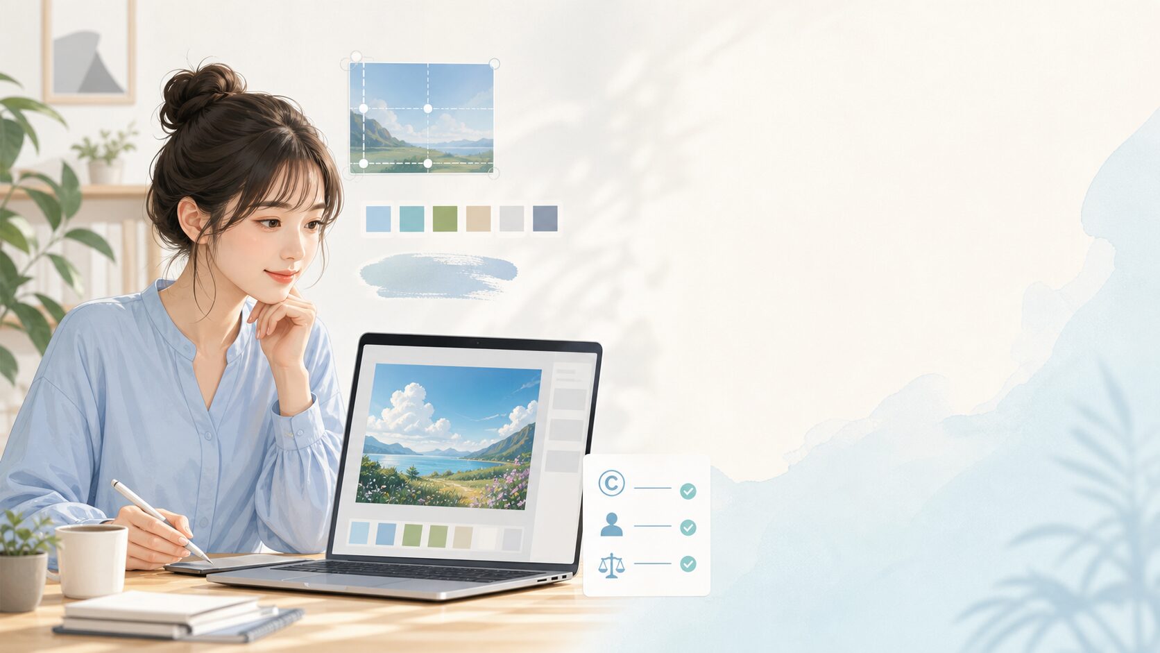 AI画像でブログ用アイキャッチを作るために構図や色、権利確認を見直すクリエイターのイメージ