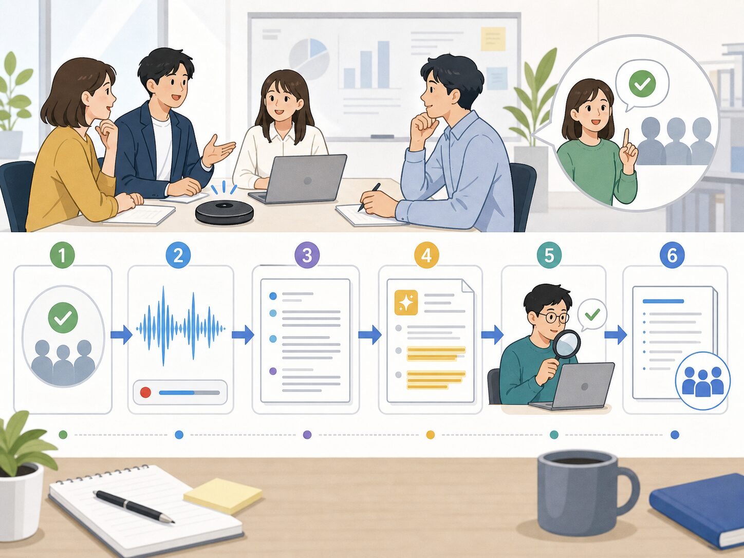 録音前の同意から文字起こし、AI要約、人の確認、議事録共有までの流れを示すイラスト