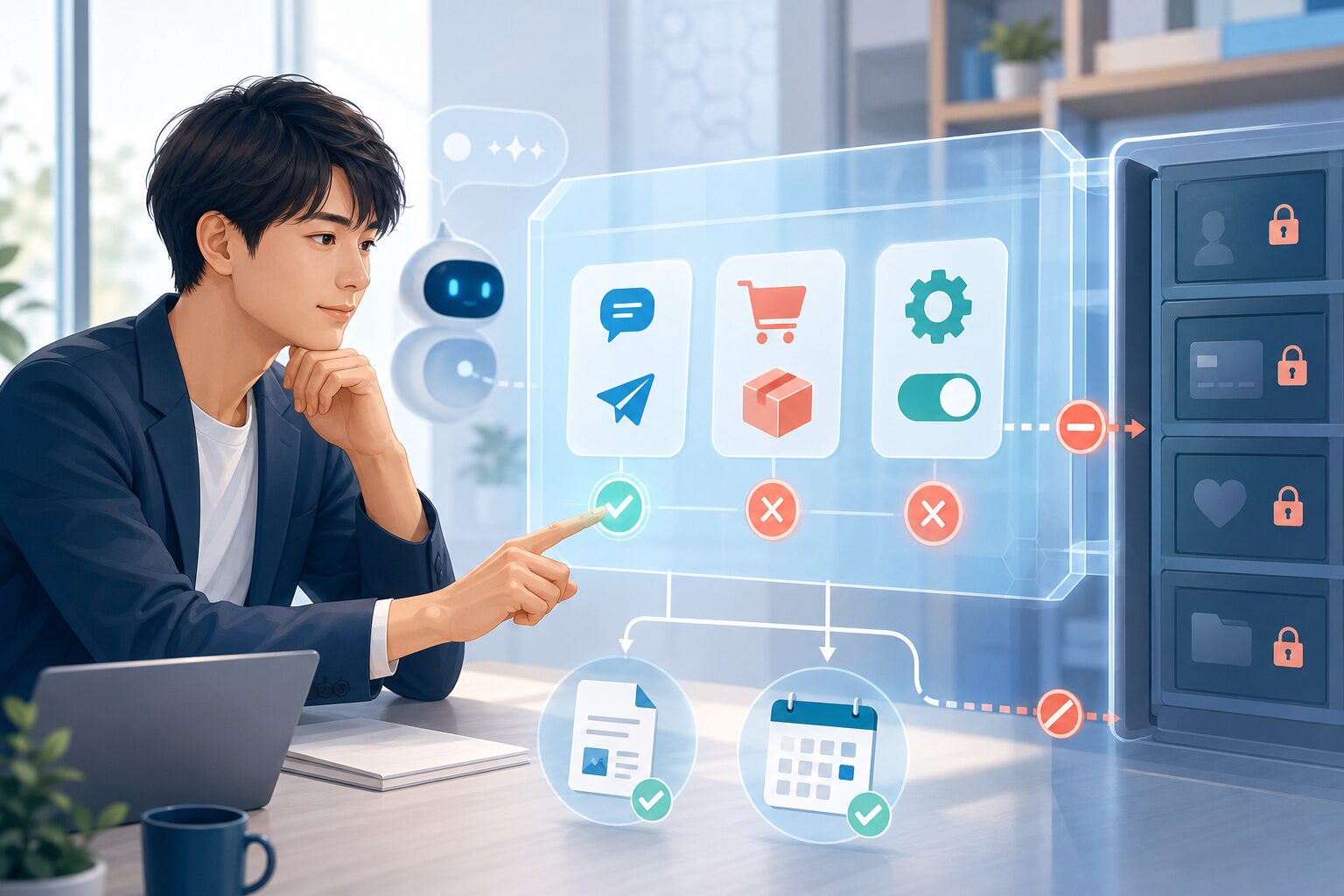 AIエージェントが送信や購入を実行する前に人が権限と内容を確認する場面