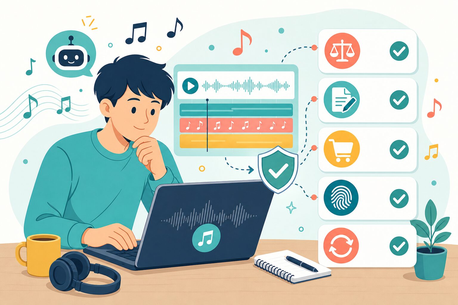 生成した曲を聴きながら商用利用や権利、プロンプト修正を確認するクリエイターのイメージ