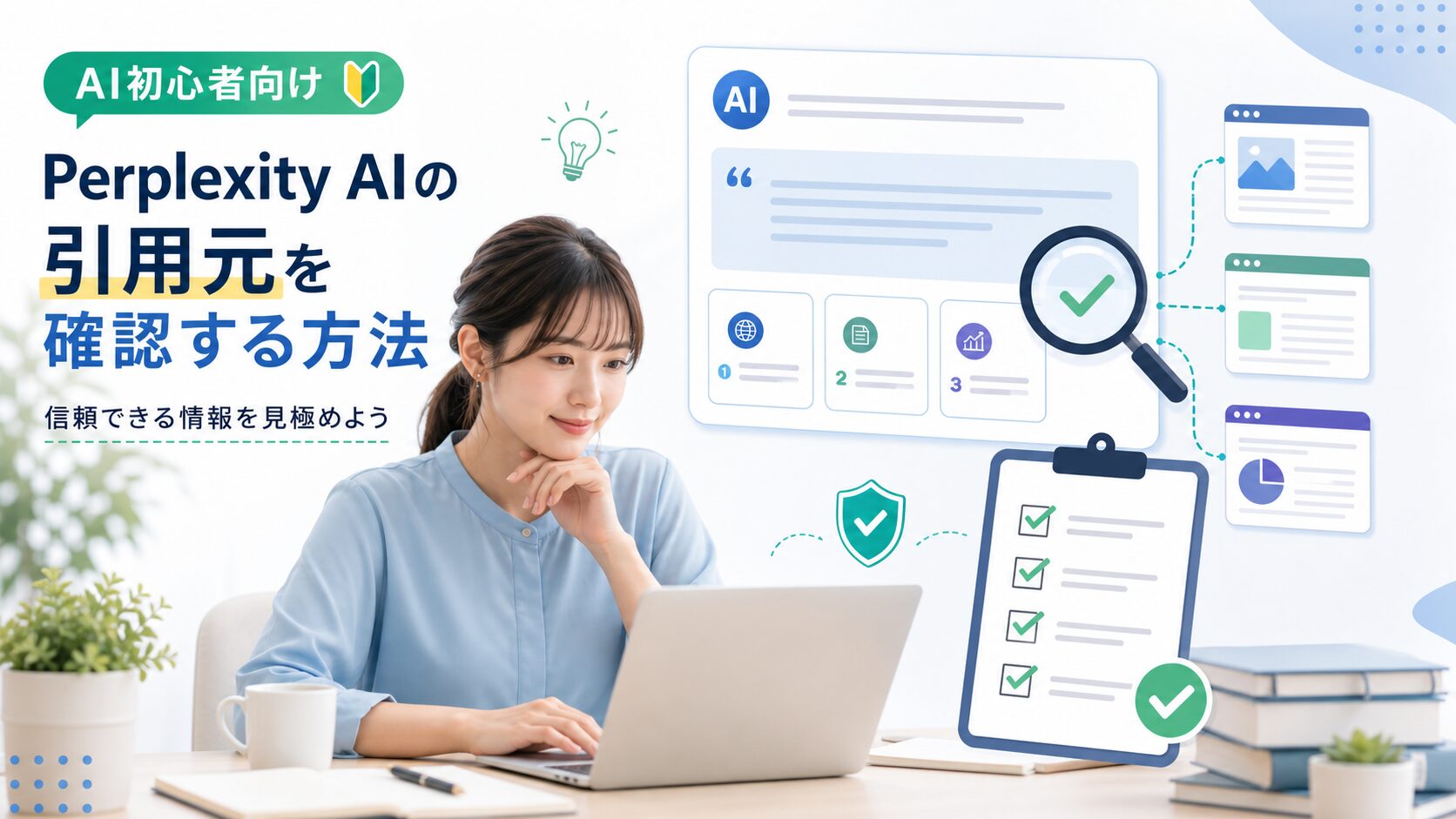 Perplexityの回答と引用元を確認しながら調べものを進める初心者のイメージ