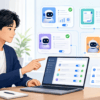 仕事でAIエージェントに小さな作業を任せる会社員と権限設定画面のイラスト
