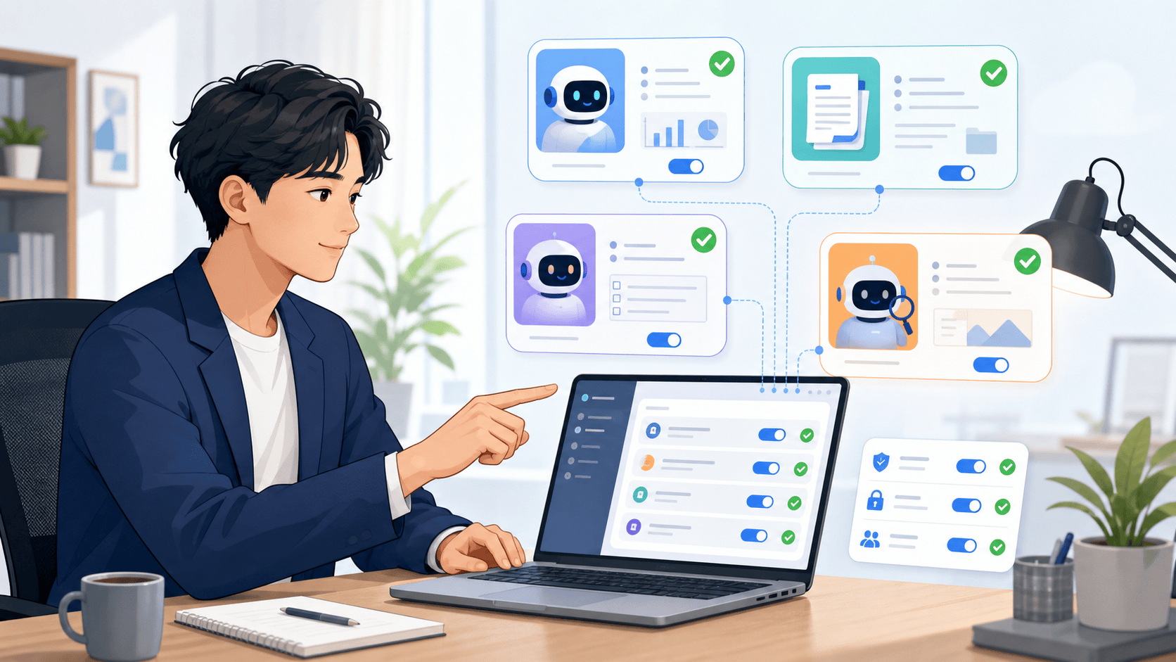 仕事でAIエージェントに小さな作業を任せる会社員と権限設定画面のイラスト