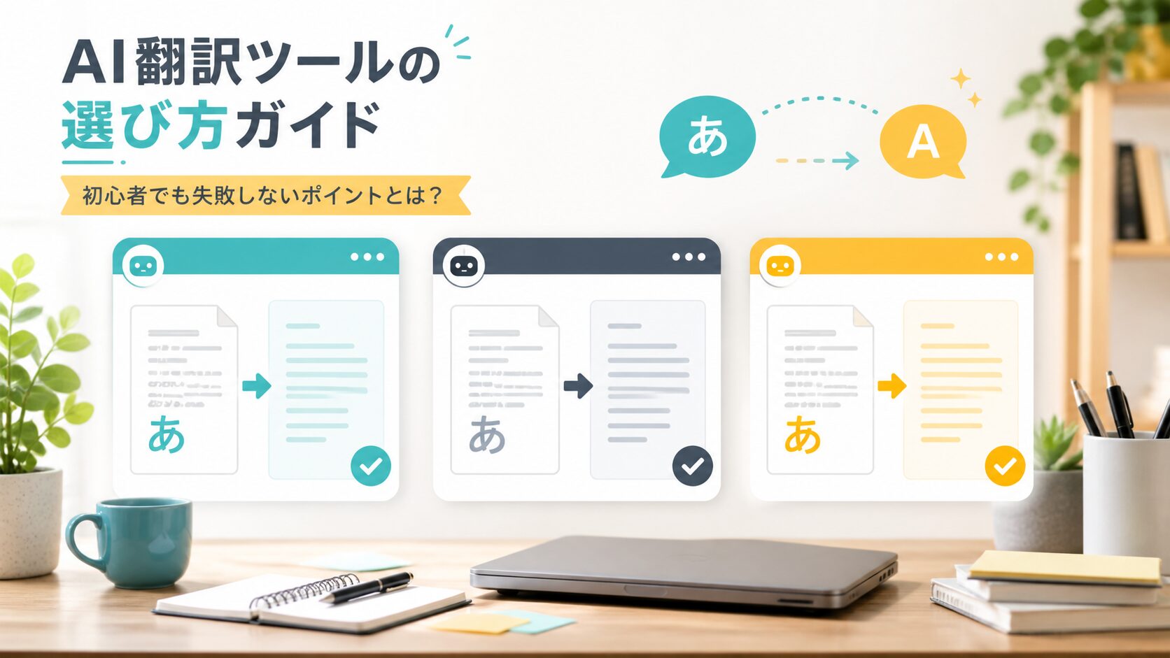 AI翻訳ツールを用途別に選び日本語文書を英語へ変換するデスク上のイメージ
