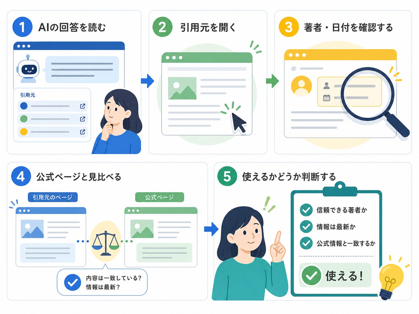 Perplexityの回答から引用元を開き、公式情報や日付を確認する5ステップの図