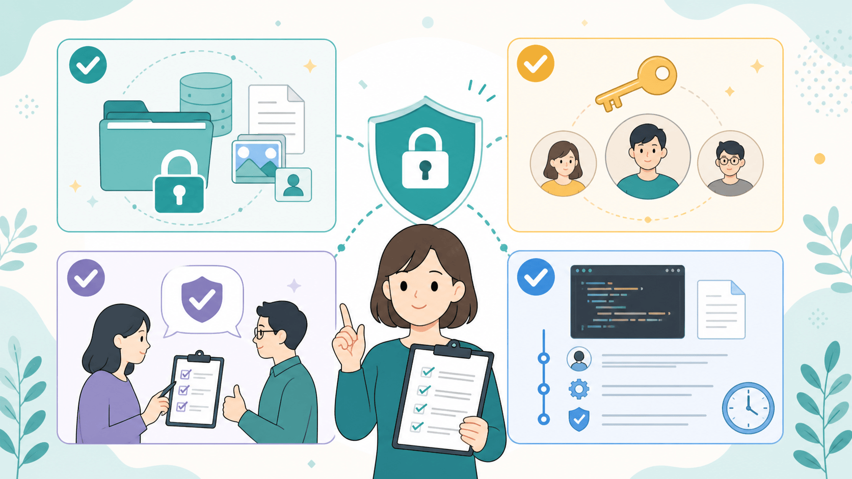 AI利用前に入力データ、権限、人の承認、ログを確認するチェックリストの挿絵