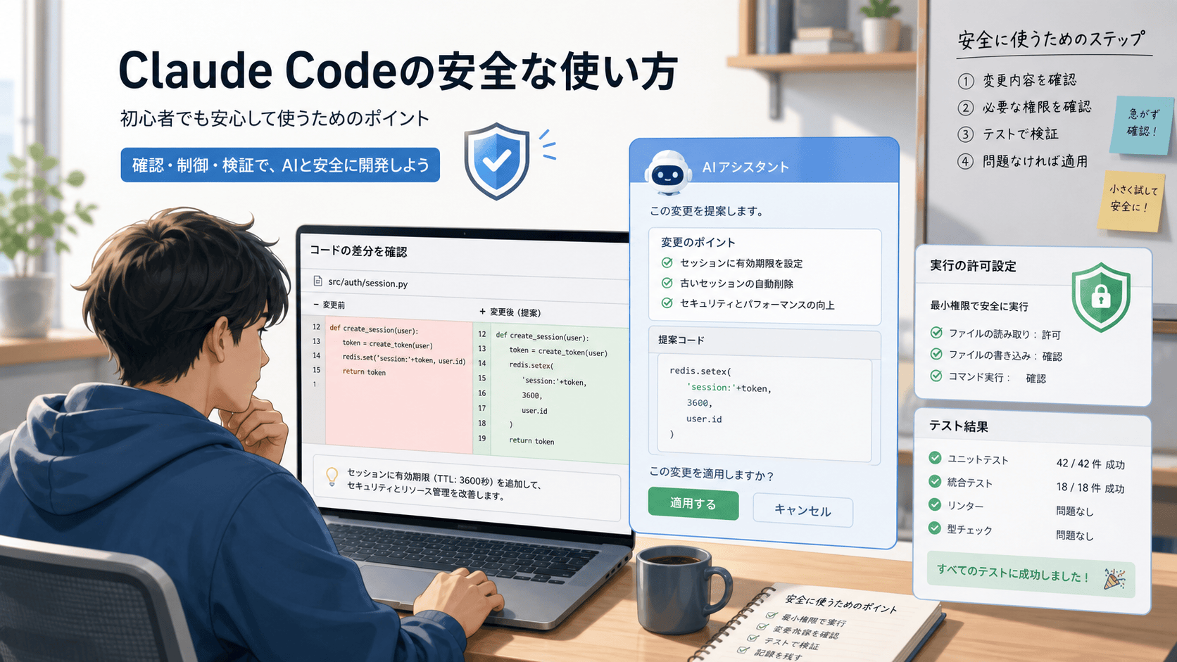 Claude Codeの変更提案を差分、権限、テストで確認しながら安全に開発する初心者のイラスト
