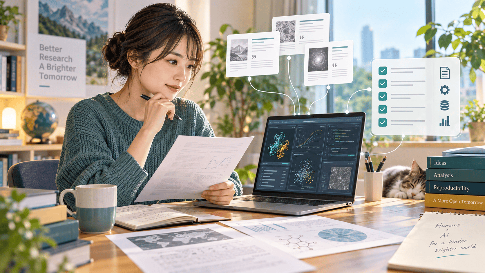 研究者が論文とAIの分析画面を確認しながら引用と再現性をチェックしているイメージ