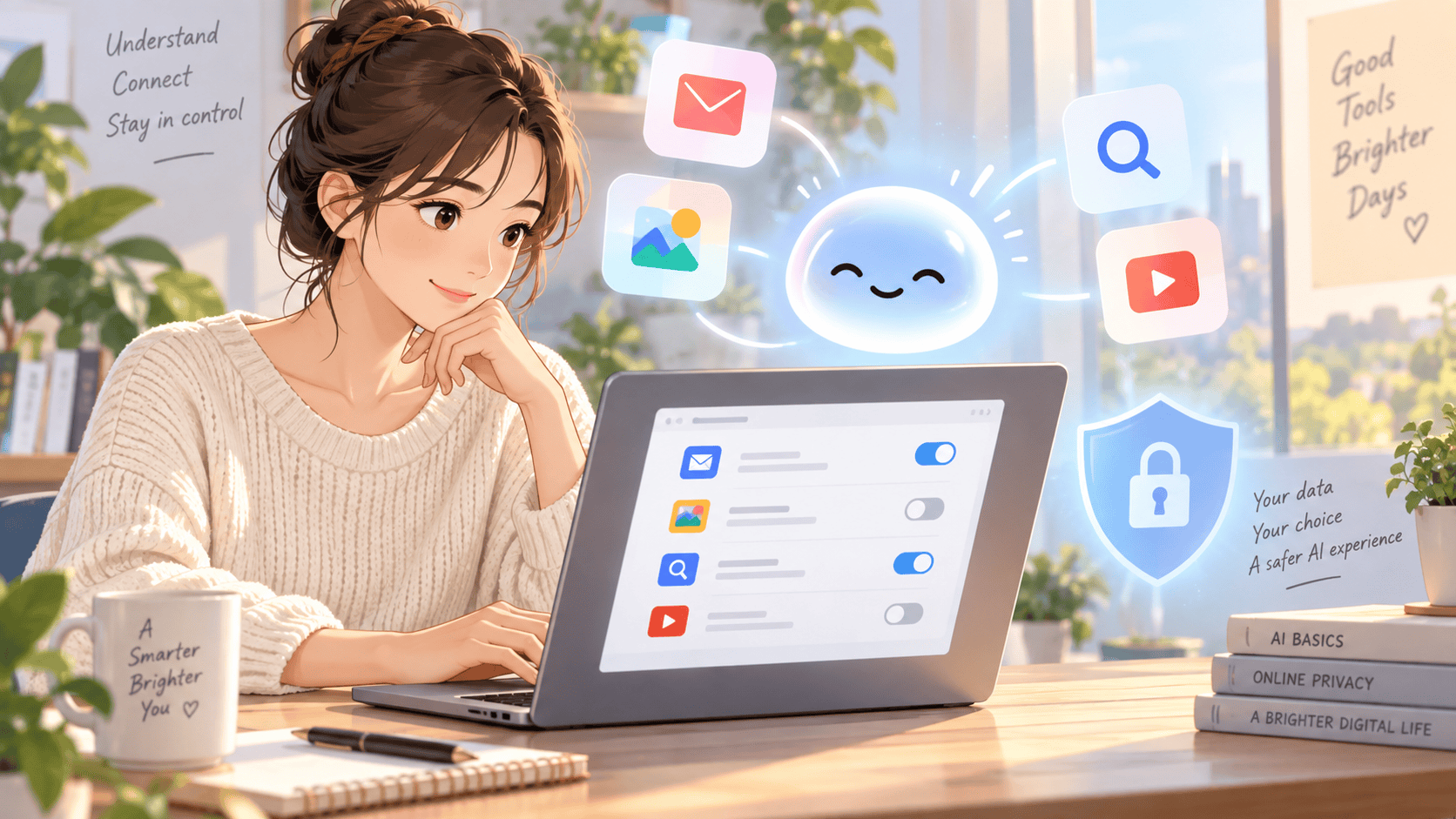 Gemini Personal IntelligenceでGoogleアプリ連携のプライバシー設定を確認する初心者のイラスト