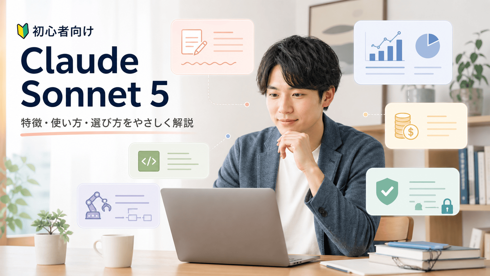 Claude Sonnet 5の特徴や料金、プライバシー確認を見ながらAI活用を考える初心者のイメージ