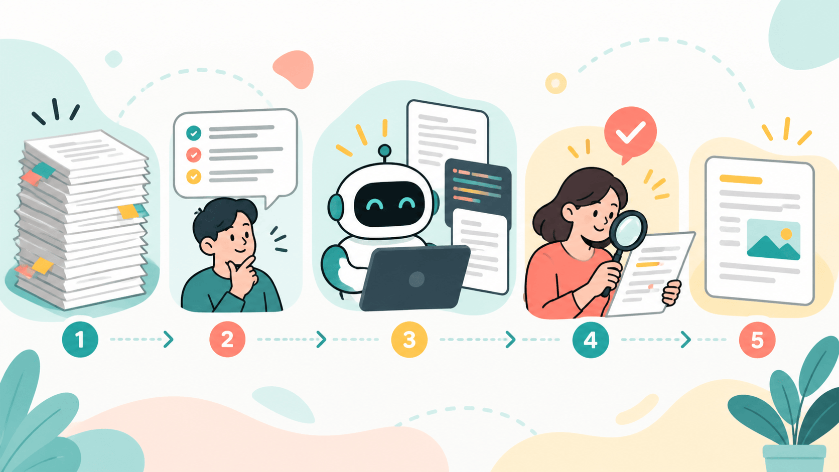 長い資料をAIに渡す前に目的を決め、AIの下書きを人が確認して完成させる流れ