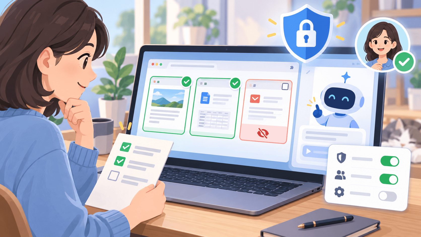 Gemini in Chromeで共有してよいタブを選び、メールや個人情報を含むタブを外す安全チェックのイラスト